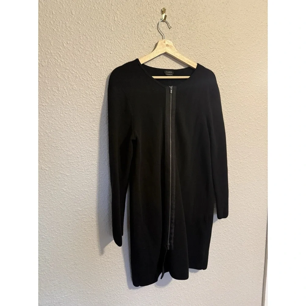 Talbots 100% Wool Long Sweater Tunic Midi Cardigan Jacket Black Full Zip Women L